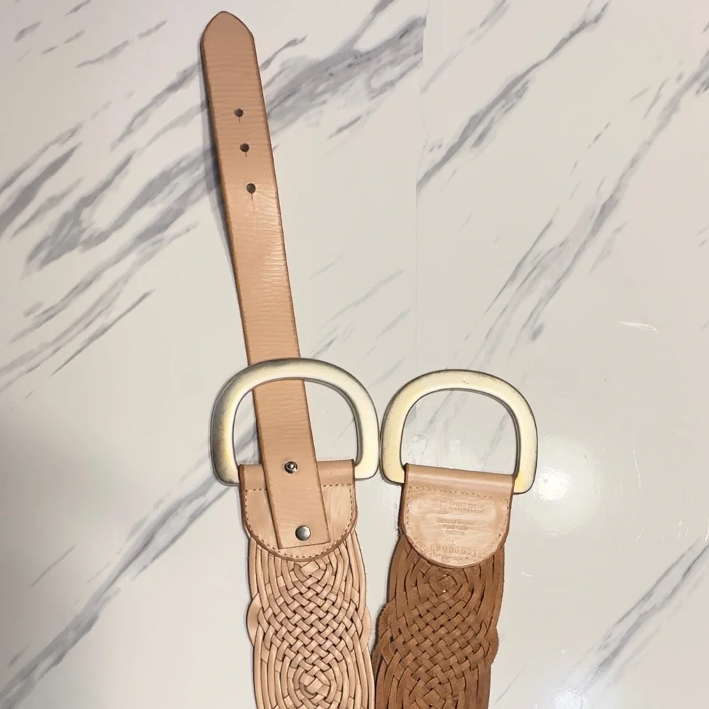 Linea Pelle Braided Leather Belt in Light Tan with Gold Buckles